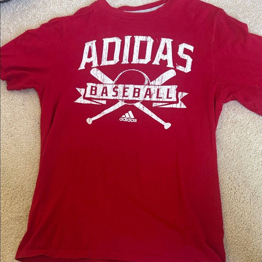 Adidas Red Crewneck Graphic Tee with White Logo